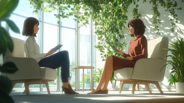 Two young caucasian women discuss ideas in modern office with natural light and greenery emphasizing collaboration and innovation. Mentor worker photo