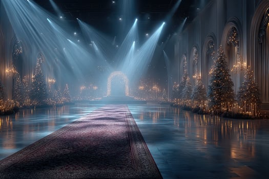 Glistening winter wonderland inside a grand hall with festive decorations and dramatic lighting at night photo