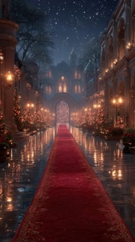 Festive pathway illuminated with lights and decorations in a grand winter setting during a magical night photo