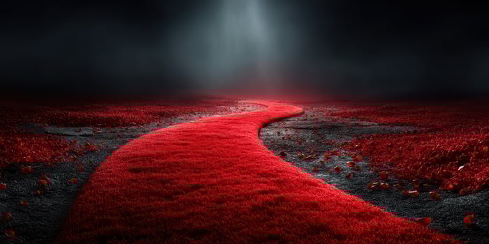 Pathway of vibrant red grass winding through a dark landscape illuminated by a single beam of light photo