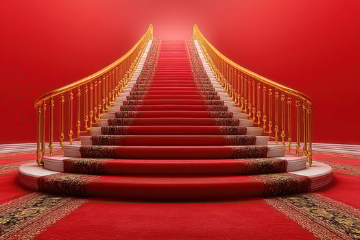 Elegant red staircase with golden banisters leading to a bright area, showcasing classic design and rich colors photo