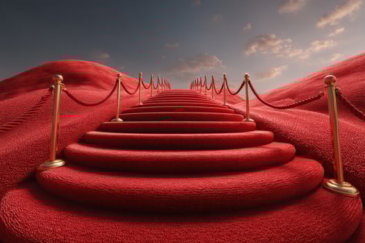 Staircase of vibrant red with golden railings leads to the horizon on a serene landscape during twilight photo
