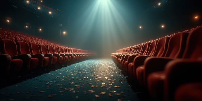 Empty theater with red seats and scattered leaves illuminated by spotlight photo