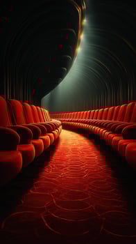 Colorful red seating in a dimly lit theater with artistic lighting effects highlighting the curved architecture photo