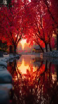 Autumn colors reflect in calm waters near a park at sunset surrounded by vibrant red trees and serene atmosphere photo