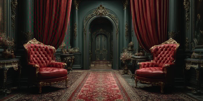 Elegant sitting area with ornate red chairs and dark opulent decor in a vintage interior space photo