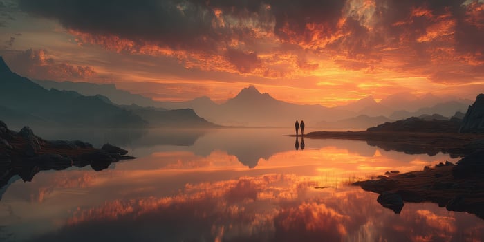 Couple walking hand in hand by a tranquil lake at sunset surrounded by mountains photo