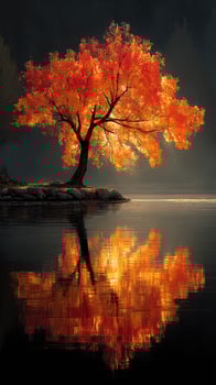 Vibrant autumn tree reflected in calm water at sunset near a serene lakeside photo