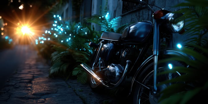 Vintage motorcycle parked beside glowing blue lights in a lush garden during sunset photo