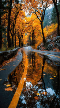 Autumn foliage reflects on winding road amidst vibrant colors in serene landscape photo