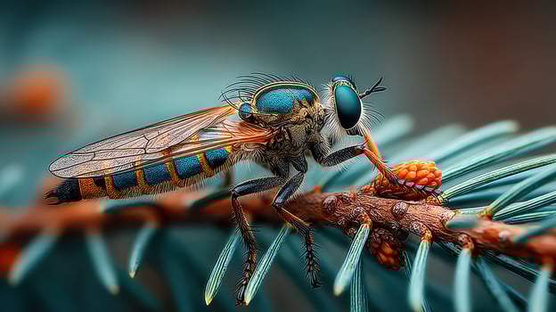 Close-up view of a colorful fly feeding on a pine cone in a forest setting during the early morning photo