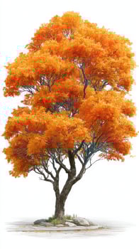Bright orange autumn tree stands alone on a rock amidst green grass in an open landscape during a clear day photo