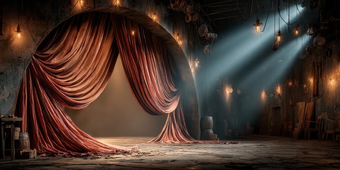 Dramatic interior of a vintage theater stage with warm light illuminating curtain and rustic decor photo