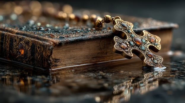 Ornate cross and ancient book resting on a reflective surface with water droplets photo