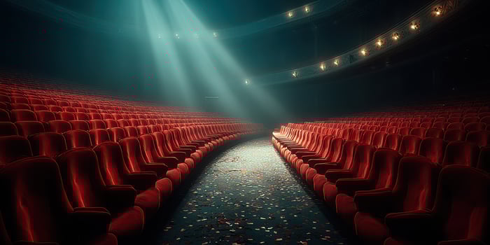 Empty theater with red seats illuminated by stage lights and scattered petals on the floor during a quiet moment photo