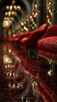 Elegant red seating with sparkling floor in a beautifully decorated festive hall at night photo