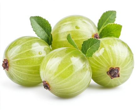 Fresh Green Gooseberries with Leaves on White Background photo