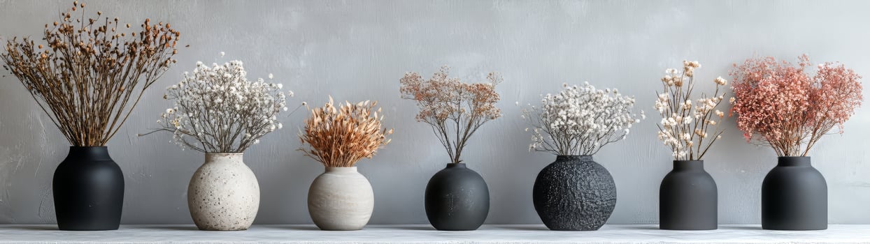 Elegant Display of Dried Flowers in Various Vases on Gray Surface photo