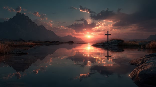 Sunset over tranquil waters with a cross reflecting in the lake near mountain range photo