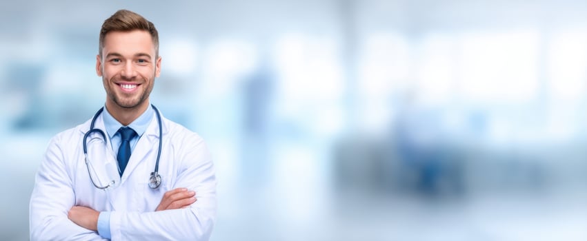 The smiling doctor standing confidently in a modern medical environment photo