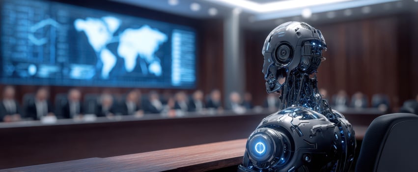 The futuristic robot observing a corporate meeting in a high-tech environment. photo