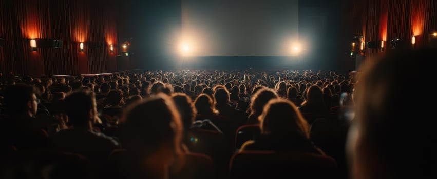 The bustling audience captivated by a cinematic experience in a theater. photo