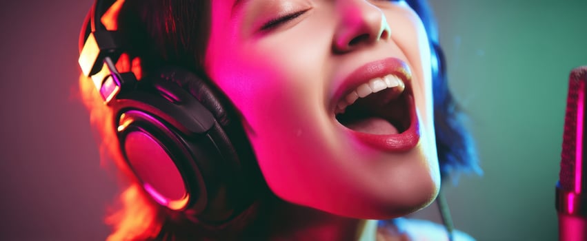 The vibrant woman passionately singing into a microphone in a colorful music studio. photo