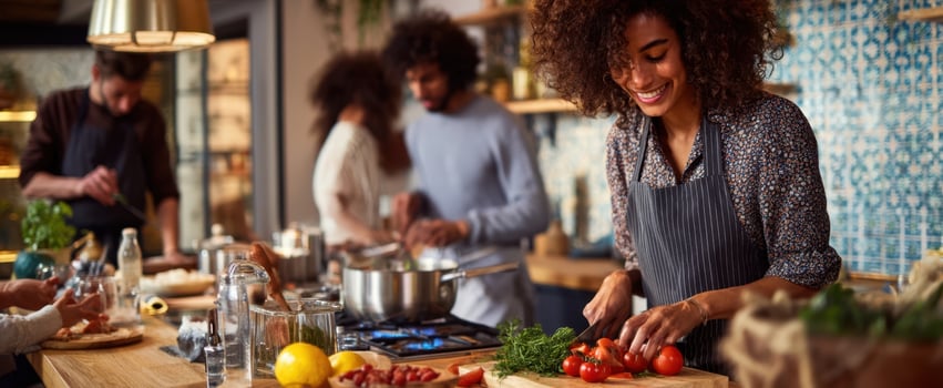 The joyful moment of cooking together in a vibrant kitchen setting photo