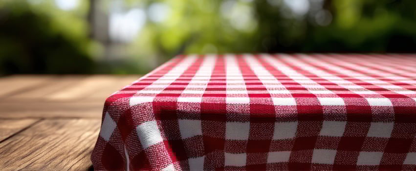 The picnic table adorned with a vibrant red and white checkered cloth. photo