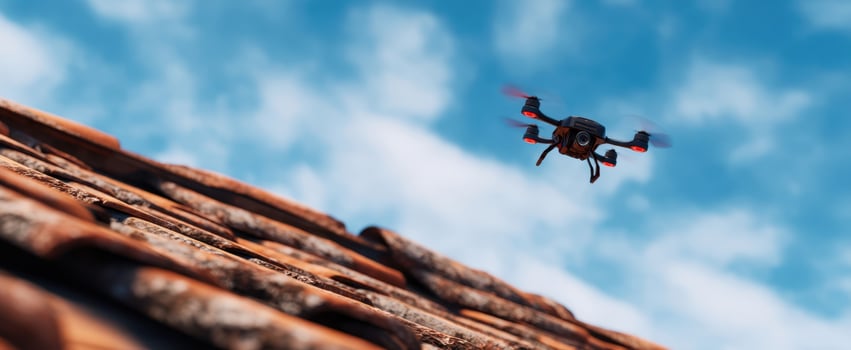 The drone soaring above a rooftop under a bright blue sky photo