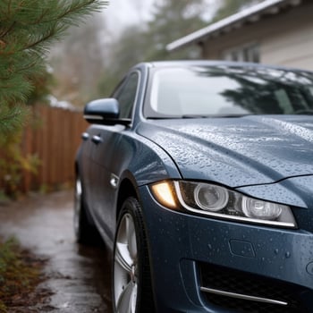 Close up of blue sport car parked in the yard on a rainy day photo
