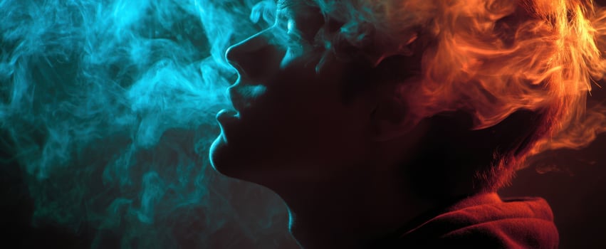 The dramatic portrait of a person exhaling vibrant colored smoke. photo