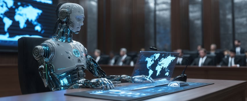 The robot in a futuristic business meeting with advanced digital technology photo