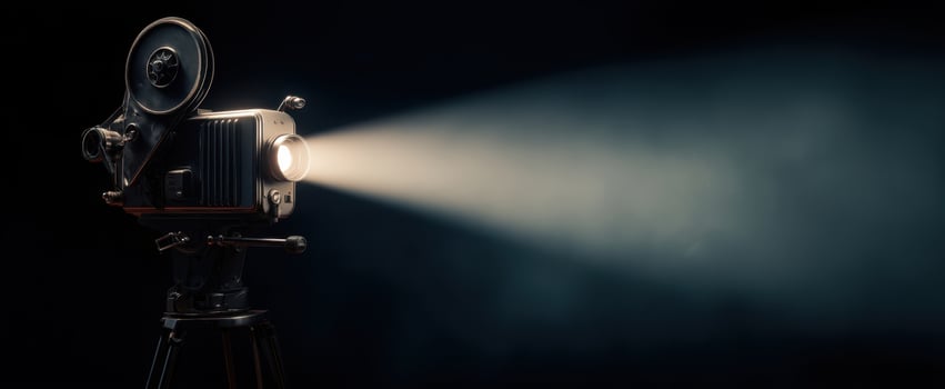 The vintage film projector illuminating the dark cinema with bright light photo