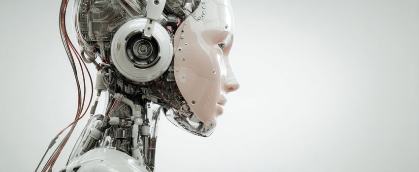 The robotic head with headphones showcasing advanced artificial intelligence technology. photo