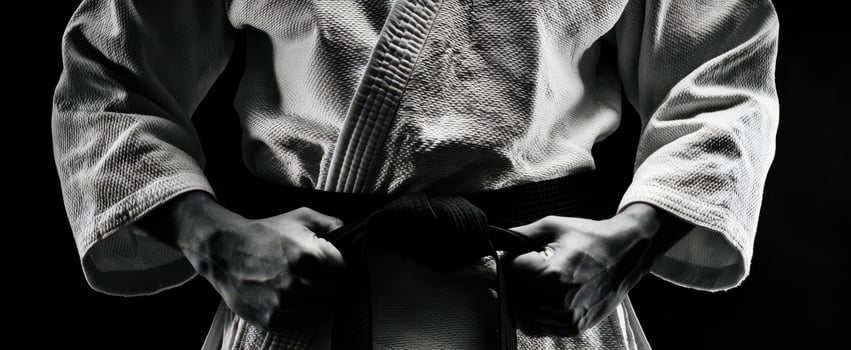 The martial artist adjusting his black belt in a dramatic black and white setting. photo