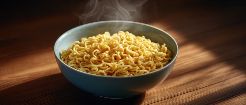 Steaming bowl of ramen noodles cozy kitchen food photography morning light inviting atmosphere photo