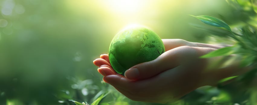 The hand holding a vibrant green earth symbolizes hope and sustainability. photo
