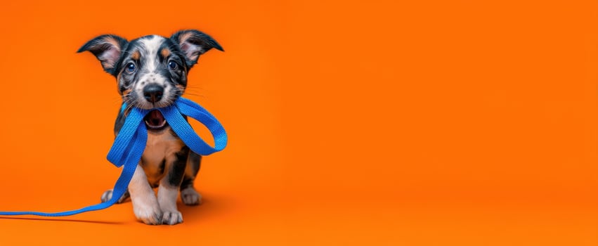 The playful puppy eagerly holding a blue leash in its mouth. photo
