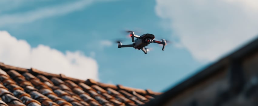 The flying drone surveying a picturesque landscape against a bright blue sky. photo
