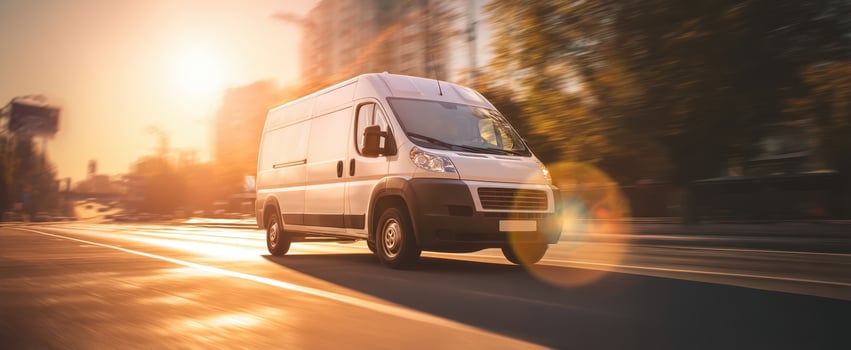 The delivery van speeding through the city at sunset with vibrant urban backdrop. photo
