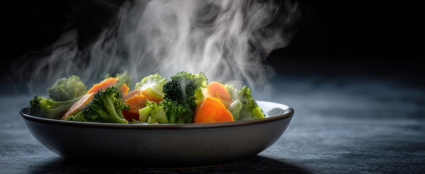 The delicious steamed vegetable medley emitting aromatic steam against a dark backdrop. photo