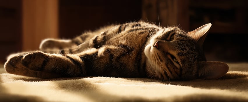 The relaxed tabby cat basking in warm sunlight on a cozy rug. photo