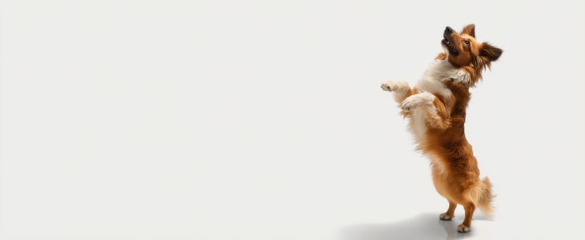 The playful dog standing on hind legs in a bright studio setting. photo