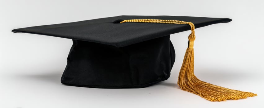 The classic black graduation cap with a golden tassel against a clean backdrop. photo
