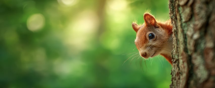The curious squirrel peeking from behind a tree in lush greenery. photo