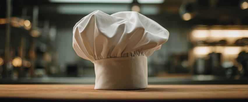 The traditional chef's hat in a modern kitchen environment. photo