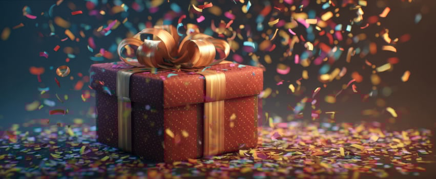 The beautifully wrapped gift surrounded by colorful confetti celebrating a special occasion. photo