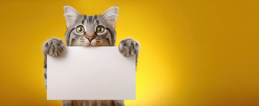 The adorable cat holding a blank sign against a vibrant yellow background. photo