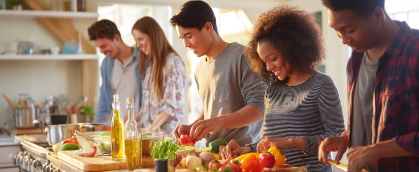 The joyful gathering of friends cooking together in a bright kitchen setting. photo